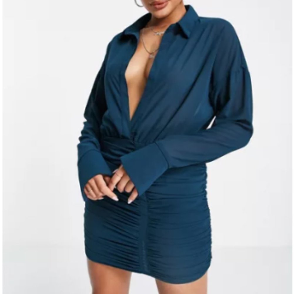 Missy Empire long sleeve plunge front ruched skirt mini dress